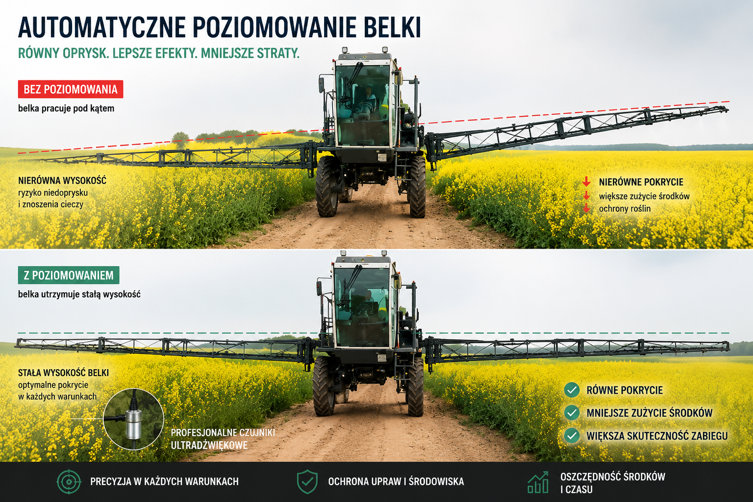 Automatyczne poziomowanie belki opryskiwacza – równy oprysk w każdych warunkach